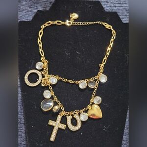 Betsey Johnson Gold-Tone Charm Necklace with Clear Crystal Accents